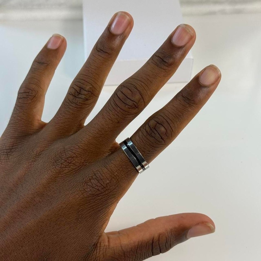 Mens Silver Band Ring with Black Stripe Minimalist Modern Jewelry Accessory